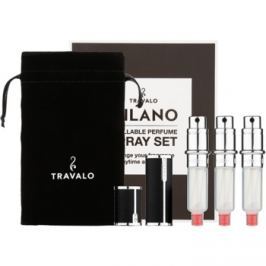 Travalo Milano dárková sada III. Black plnitelný rozprašovač parfémů 3 x 5 ml + semišový váček